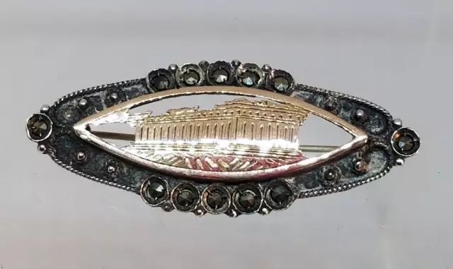 Victorian Grand Tour Sterling Silver with 10K Rose Gold & Marcasite Pin Brooch