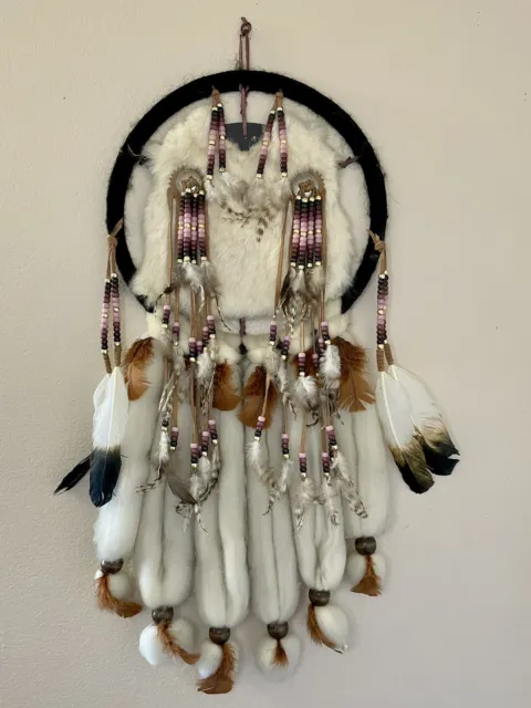 Vtg Native American Indian Dream Catcher Mandala Wool Fur Leather Beads Large