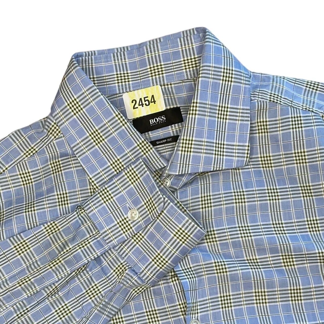 Hugo Boss Sharp Fit Men's Blue/Gray Plaid Button Up Dress Shirt 17.5/L