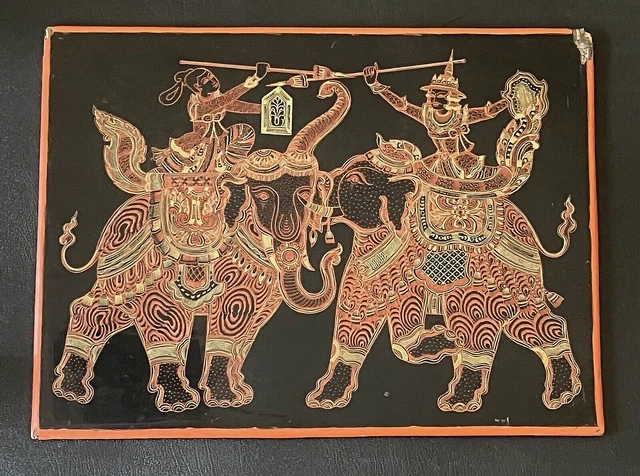 RARE Vintage Asian Burmese Myanmar Lacquer on Wood Elephant Warriors