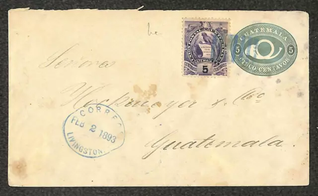 Guatemala H&G #4 Stationery Entire & #46 Stamp Livingston Cover 1893