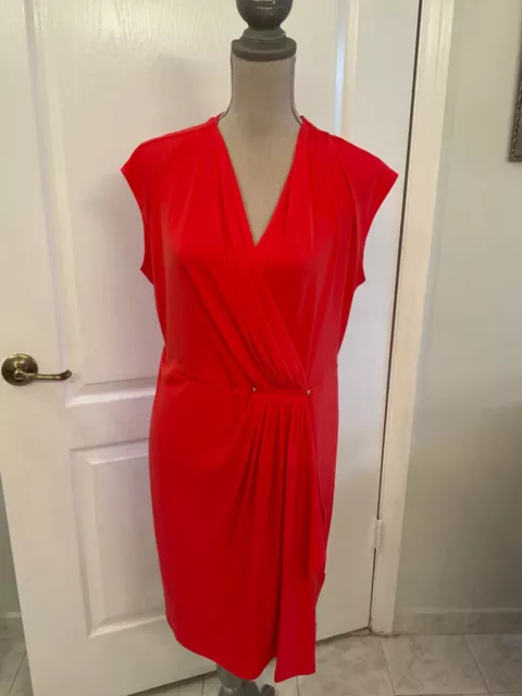 MICHAEL KORS High-Low Faux-Wrap Dress Coral Red Size XL ~ NWT