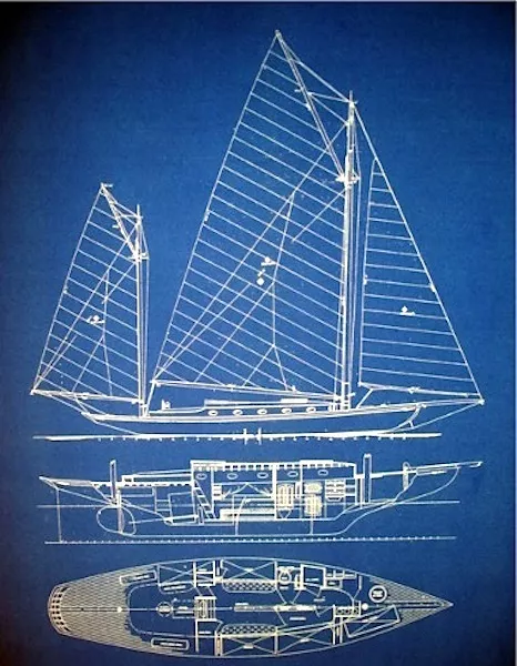 Vintage 1905 Sailboat Yawl Blueprint Plan Great decor !  16" x 25" (144) 2