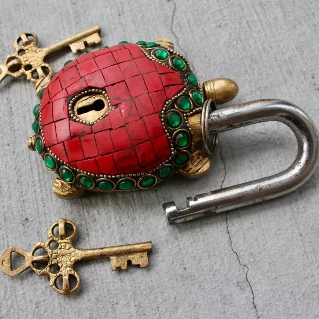 Vintage Solid Brass Padlock Antique lock and key Rustic Turtle Tortoise Decor