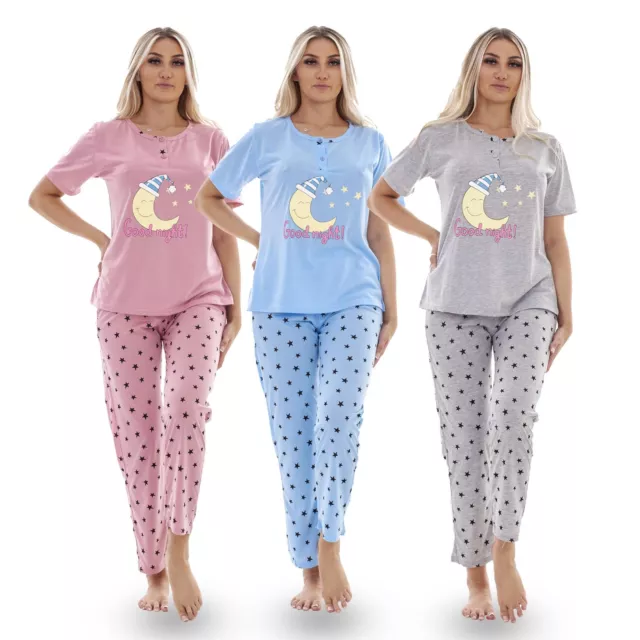 Ladies Pyjama Set Stars Moon Short Sleeve Buttons Cotton Loungewear PJs M to XXL