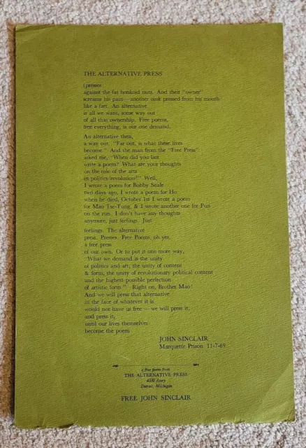 1969 Free John Sinclair Poem Alternative Press Bobby Seale Mao Marquette Prison