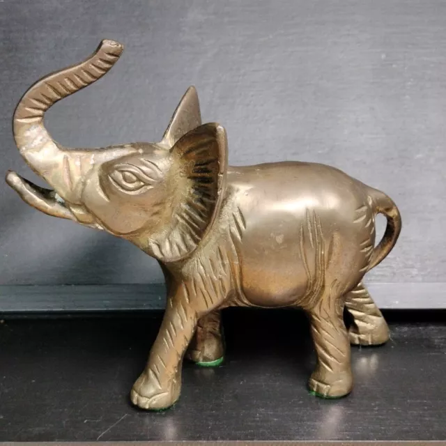 Vintage •Beautiful Patina• Solid Brass African Bull Elephant Statue "Trunk's Up"