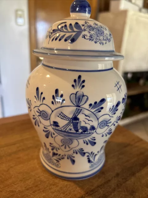 Vintage Lidded Delft Ginger Jar Blue Dutch Windmills w/ Floral Design