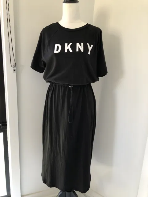 Dkny Midi Dress With Waist Tie Black Graphic Print Size S