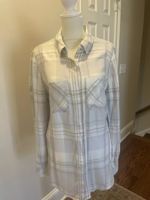 White House Black Market Light Gray Plaid Blouse Shirt Top Size 10 Button Down