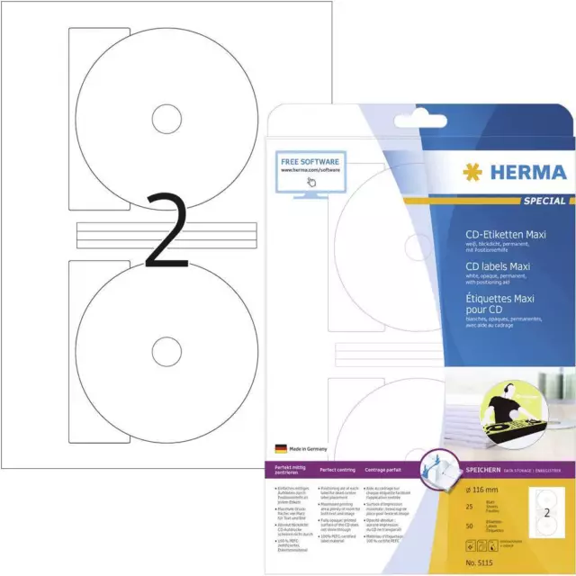 50er Multipack Herma 5115 CD-Etiketten Ø 116 mm Papier Weiß 50 St. Permanent