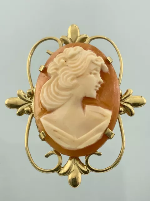 Antique Cameo Brooch 10K Yellow Gold Pendant Carved Woman Portrait AU104