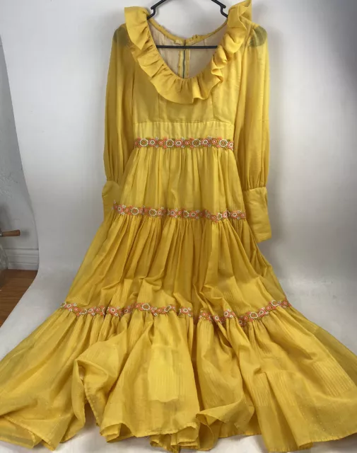 Maxi Vestido Vintage Hecho a Mano Floral Amarillo Cottagecore Prairie Pequeño Volante