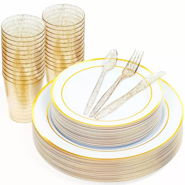 150 PC Elegant Premium Plastic Party Wedding Dinner Set Plates Cups Cutlery Gold