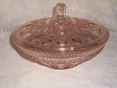 Vintage Federal Glass Windsor Pink Button Cane Candy Dish