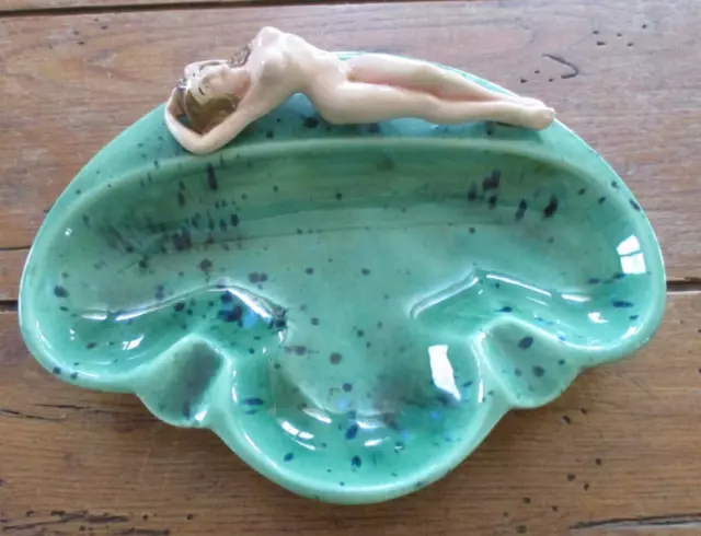 Vintage Ceramic Ashtray w/ Nude Woman Green w/ Blue Specks Pinup Girl