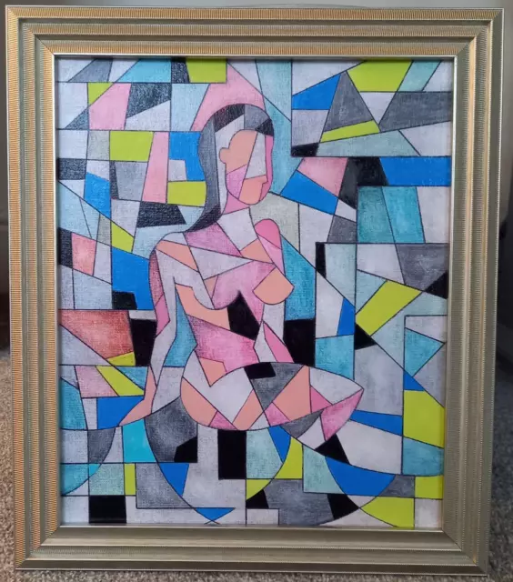 Original Oil Painting Nude Cubist Signed Freya Parkes Framed Abstract Art