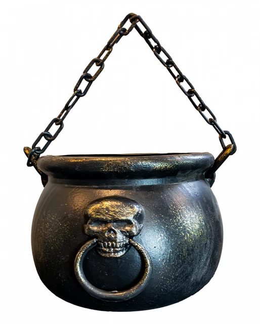 Schwarzer Hexenkessel mit Totenkopf und Kette als Henkel 14 cm