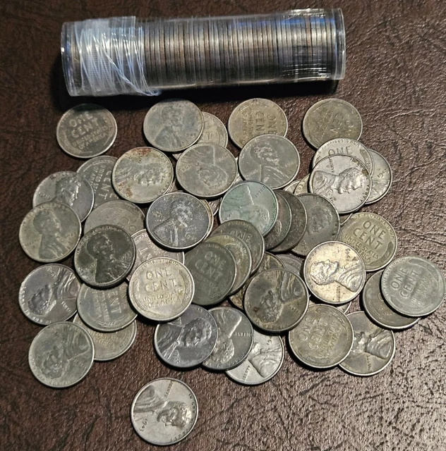 1943-P STEEL LINCOLN WHEAT CENT PENNY ROLL (50 coins) , nice condition