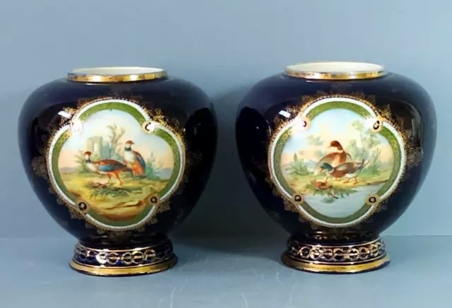 Alexandra Porcelain Royal Vienna Cobalt  Pair of hand Painted Wild Fowl  Vases