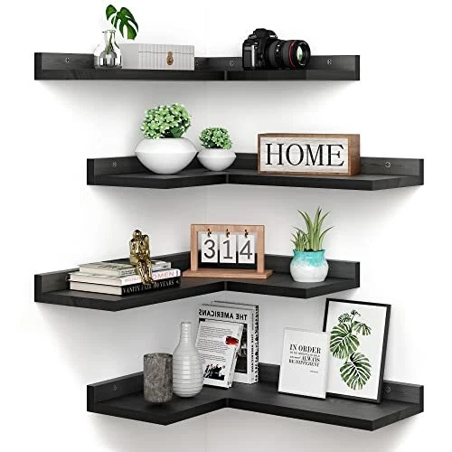 4 Tier Floating Corner Shelves Black Set of 4, Rustic Pine Wooden Floating
