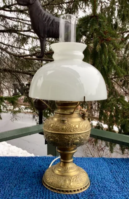 Antique 1892 The Miller Lamp Highly Embossed Brass Kerosene Oil Lamp Electrified