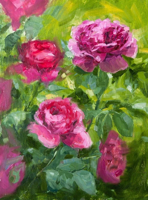 Pittura a olio originale, fiori impressionisti - rose rampicanti 16"
