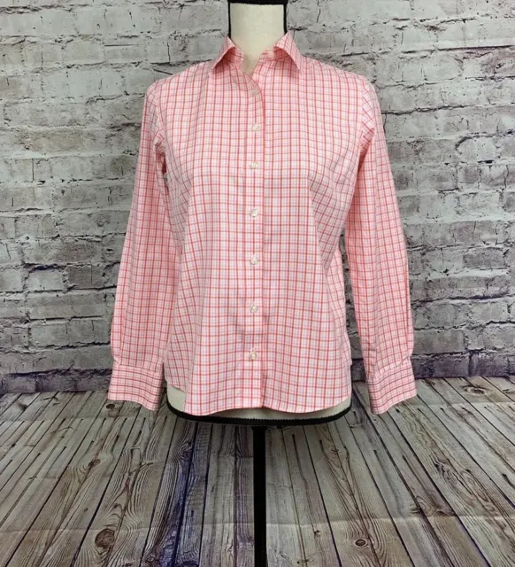 Lands End Shirt Womens Size 4 Petite Pink Check No Iron Button Front Long Sleeve