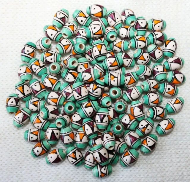 20 Keramik Perlen Peru, 14 mm, grün lila oval Inka Muster, Schmuck Basteln Perle