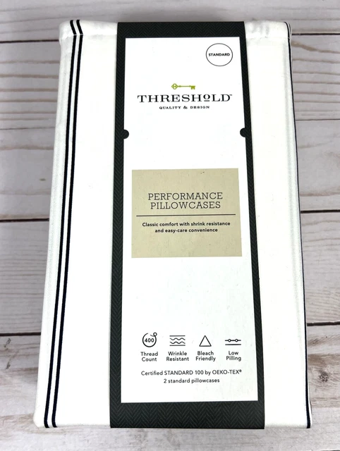 Juego de 2 fundas de almohada Threshold estándar 400 unidades ropa de cama de algodón a rayas azules