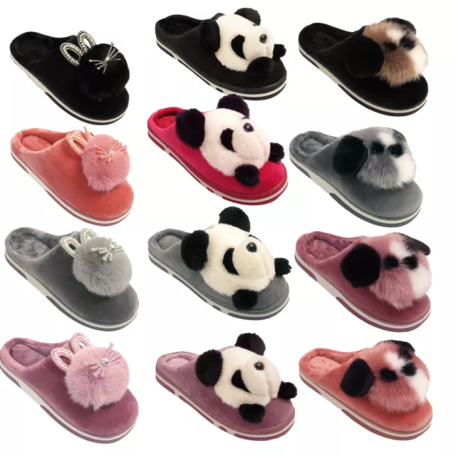 Womens Ladies Mule Sliders Slip On Faux Fur Lined Soft Winter Warm Slippers Size