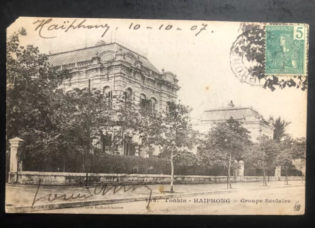 1907 Haiphong Vietnam Indochina Cochina RPPC Postcard Cover School View