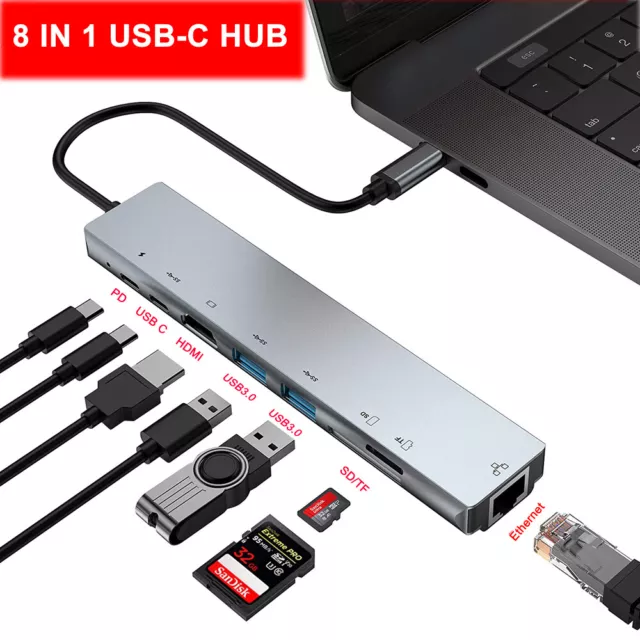 2/6/7/8 in 1 USB-C HUB Type-C Adapter MacBook/Windows Multi 3.0 4K HDMI Ethernet