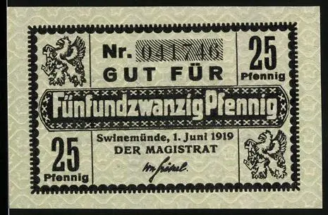 Notgeld Swinemünde 1919, 25 Pfennig, Stadtwappen