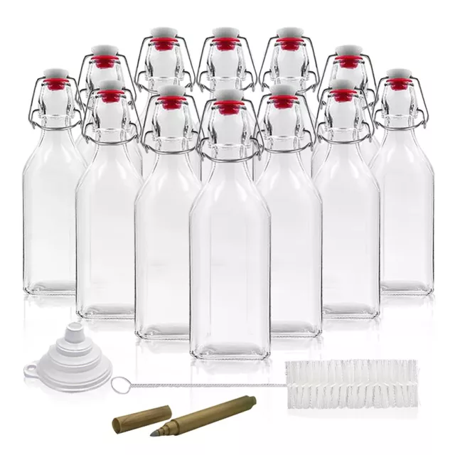 Nevlers 8.5 Oz. Airtight Glass Swing Top Bottles + Accessories (Pack of 12)