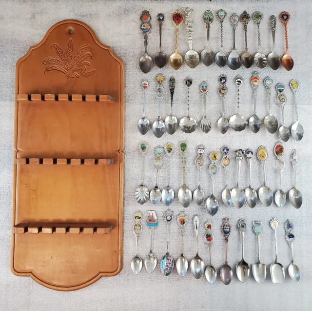 Souvenir Collector Spoons Lot of 43 with 3 Tier Rack 18 Slots US States + Other
