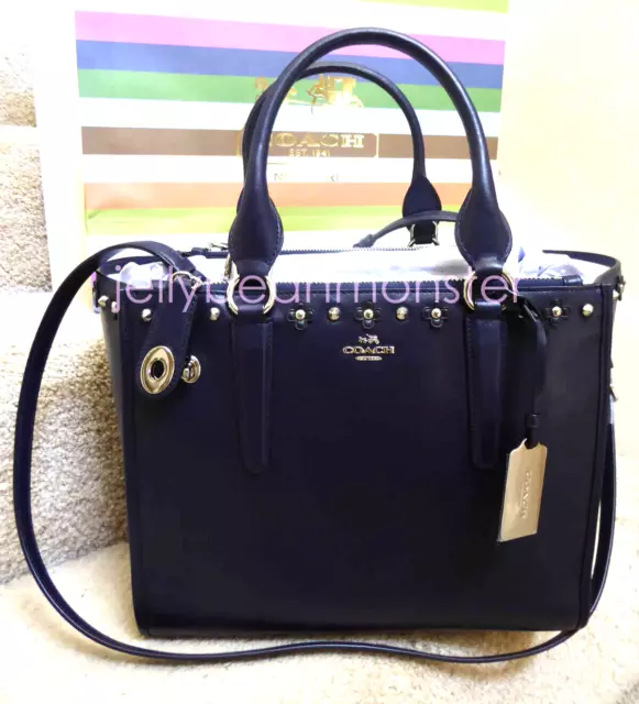 COACH 37400 CROSBY FLORAL RIVETS LEATHER CARRYALL BAG SATCHEL CROSSBODY Navy Blk