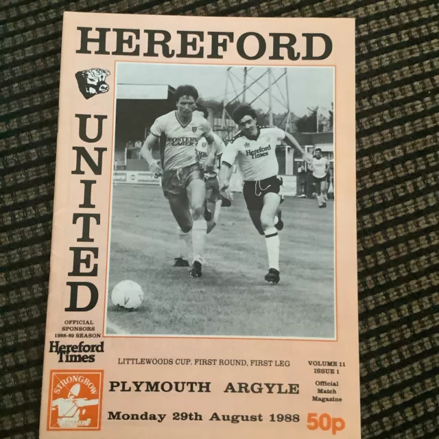 Hereford United v Plymouth Argyle 29th August 1988 Littlewoods Cup