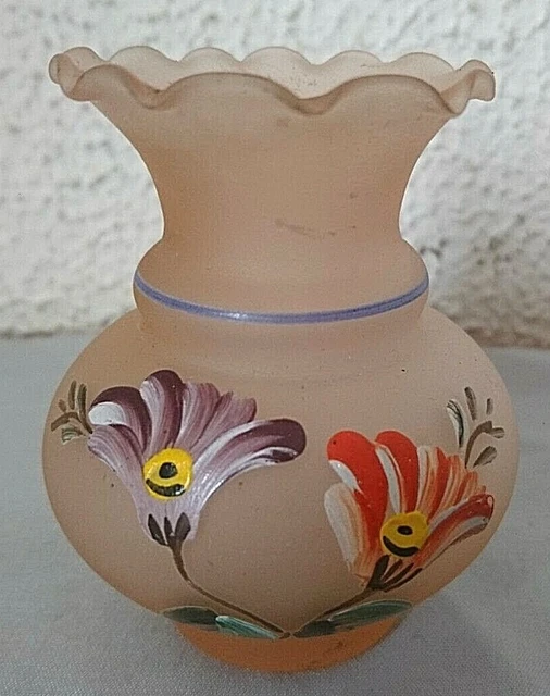 ANCIEN PETIT BEAU VASE SOLIFLORE en PATE DE VERRE debut 1900 fleurs peint main