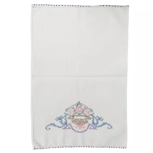 Vintage Linen Hand Towel Handmade Cross Stitch Floral Design With Blue Edge