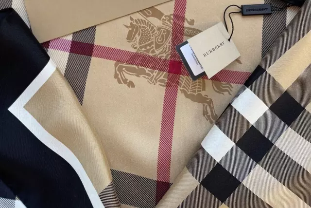 New Burberry Scarf Beige Check Haymarket Black Border Silk Wrap