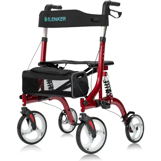 ELENKER Rollator Walker w/ Seat 10” Front Wheels with Shock Absorber For Senior