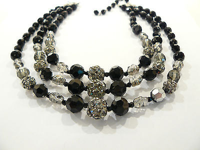Gorgeous Vtg Black & Smokey Art Glass & Rhinestone Balls Triple Strand Necklace