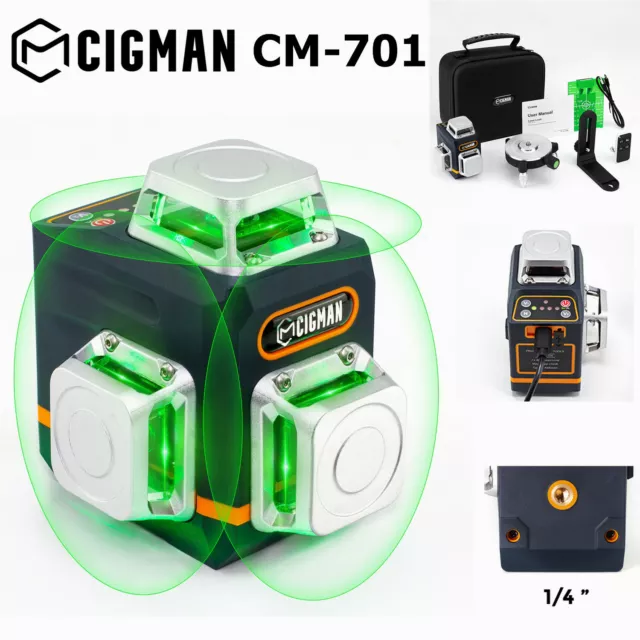 CIGMAN 3D 3x360° 12 line Cross Line Lazer Level CM-701 Green Laser Level NEW