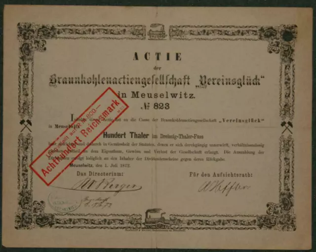 Braunkohlenactiengesellschaft "Vereinsglück" in Meuselwitz 1872 mit Stempel