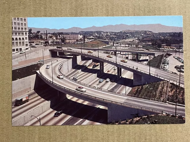 Postcard Los Angeles, CA California Harbor Freeway Old Car Aerial View Vintage