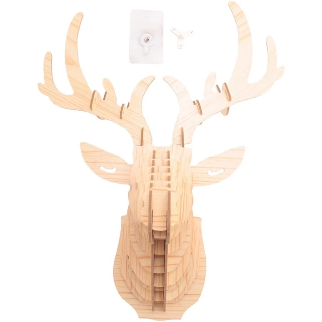 3D Wood Carving Deer Head Decoration Wall and Hook Door Necklace Hat Key -1342