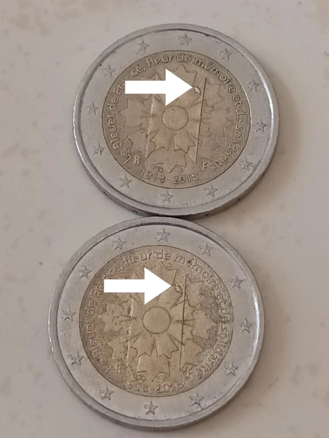 Pièces 2 euros commémorative rare 1918-2018  Bleuet de France Fautée ( lot de 2)