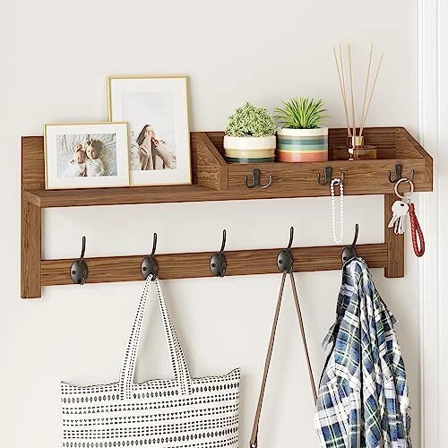 Wall Hooks with Shelf 26.57inch Entryway Wall Hanging Shelf Wood Coat Brown
