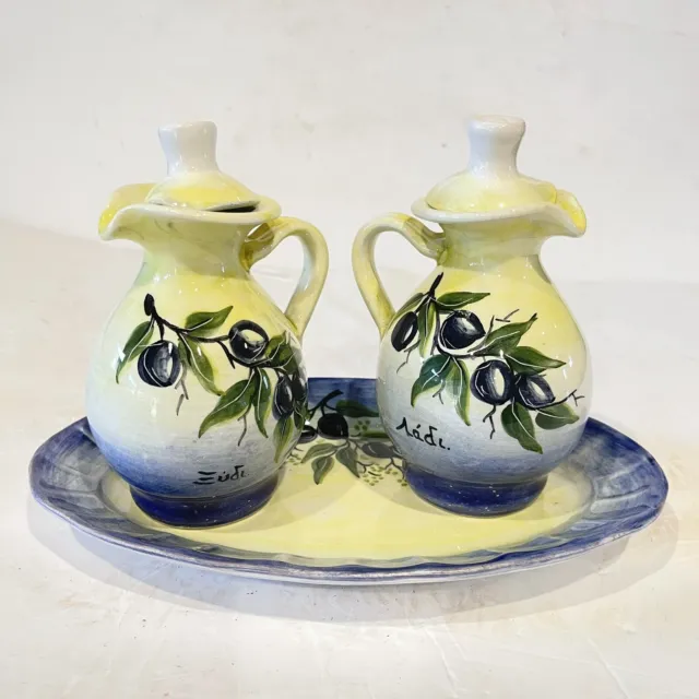 3 Pc Hand Painted Vinegar Oil Ceramic Cruet Set Olive Painting  Signed Spain